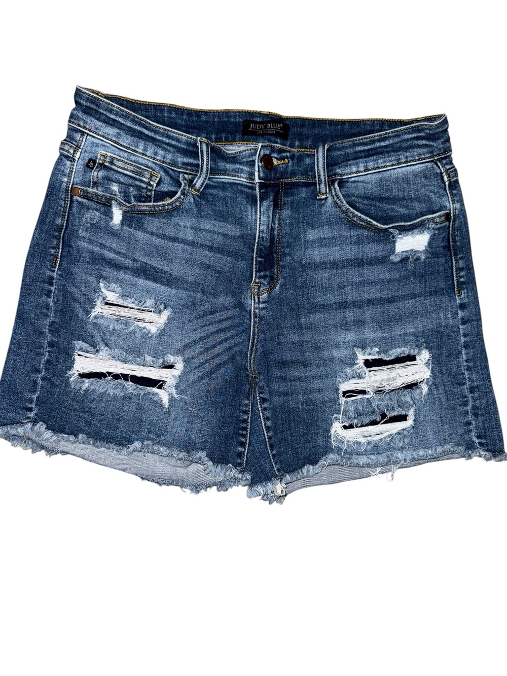 Judy Blue Distressed Denim Shorts Women’s XL High Rise Raw Hem Medium Wash